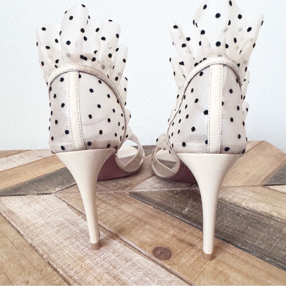 BCBGMaxazria Stella Sandal Cream Ruffle Polka Dot Heels - Picture 11 of 14